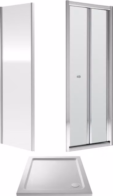 Balterley Ruwa Square Bi-Fold Shower Enclosure with Tray and Side Panel, 4mm Glass, Silver/Chrome, W/D: 76 x 76 cm