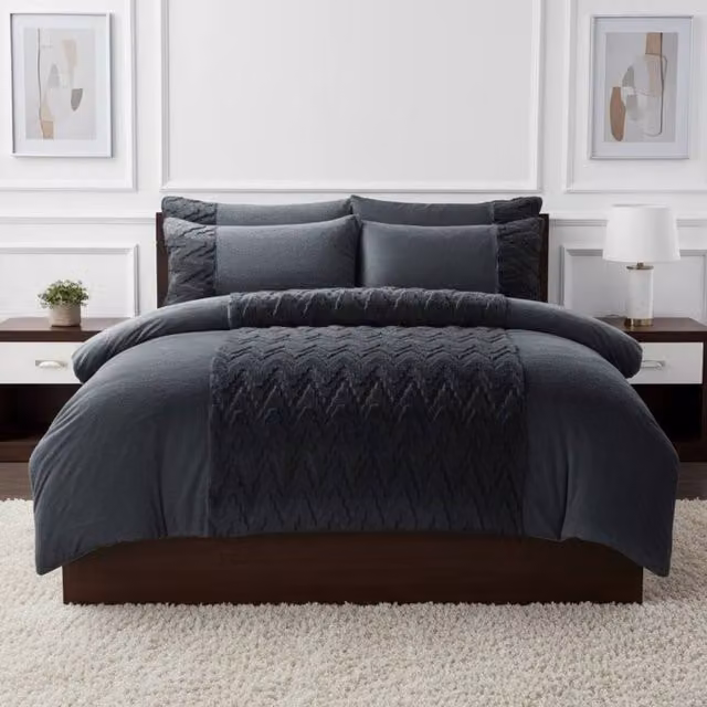 Snug City Zig Zag 3D Teddy Duvet Cover Set with Pillowcases, Grey, W: 140 cm, H: 200 cm
