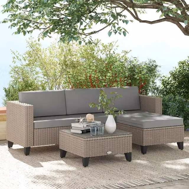 Outsunny 5 Piece L-Shape Polyrattan Garden Furniture Set with Upholstered Cushions in Brown and Grey
