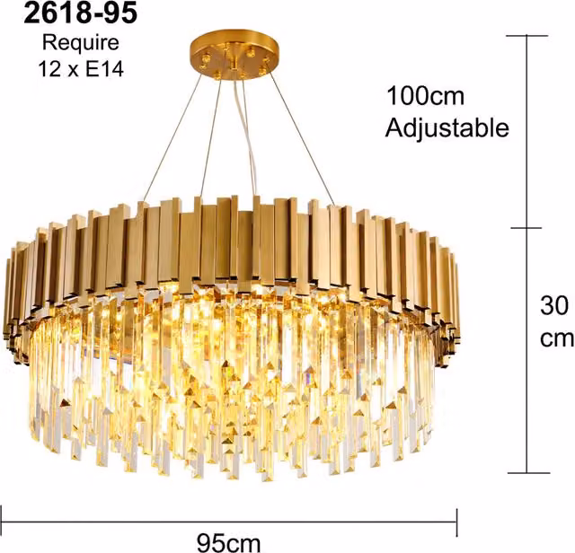 Clear and Gold Postmodern Pendant Chandelier in Crystal and Metal, W/D/H: 95 x 32 x 30 cm