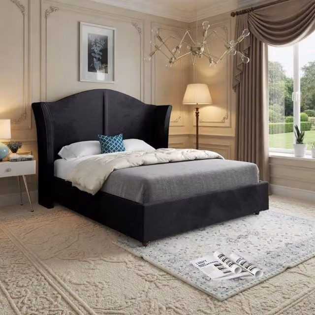 KDMD Yorkley Curved Winged Upholstered Designer Bed Frame in Black Soft Velvet, Small Single