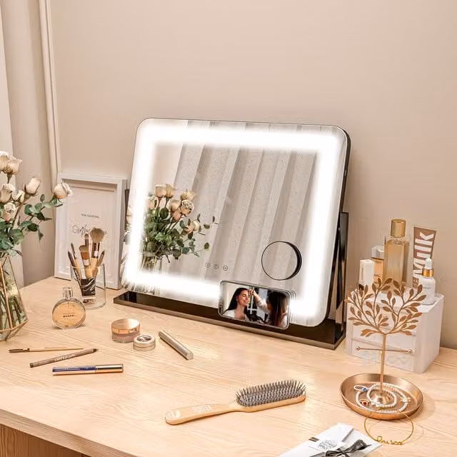 HOMCOM Black LED Tabletop Vanity Mirror with Magnifier, Dimmable Touch Control and USB Port