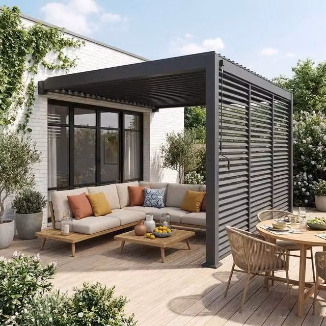 Sweekeek Lean-to Pent Pergola in Dark Grey with 3 x 130cm Louver Panels