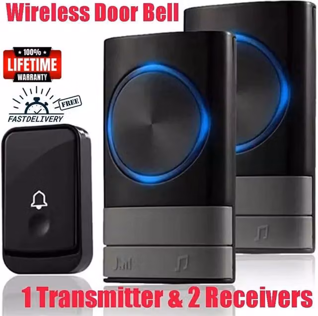 Ventryn Wireless Waterproof Doorbell with 2 Receivers, Black