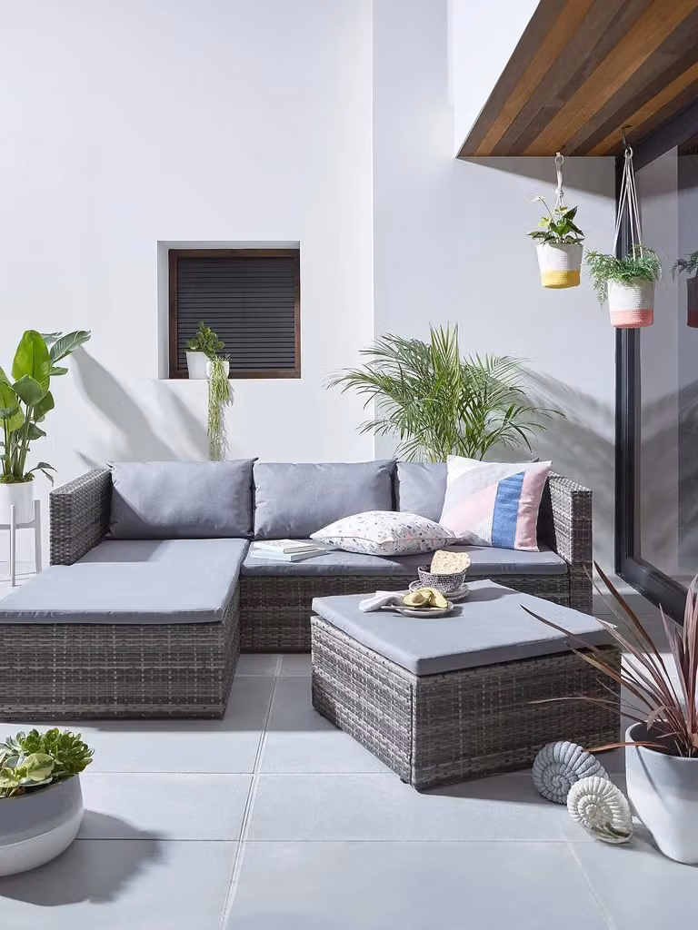 Hamilton Grey Rattan L-Shape Corner Sofa Set with Matching Ottoman and Cushions