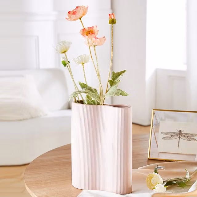 Livingandhome Ribbed Double Opening Ceramic Vase in Morandi Pink