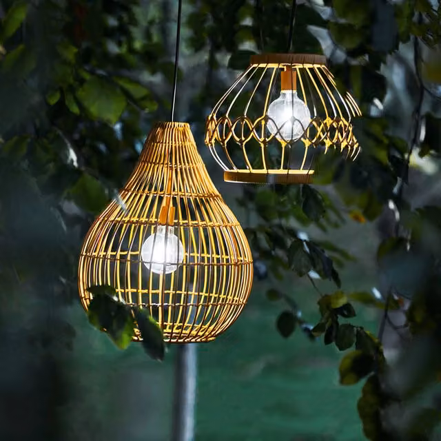 Teamson Home Solar Powered Woven Rattan Hanging Garden Lantern in Brown and Beige with LED Bulb, Remote Control, Dimmer and Timer