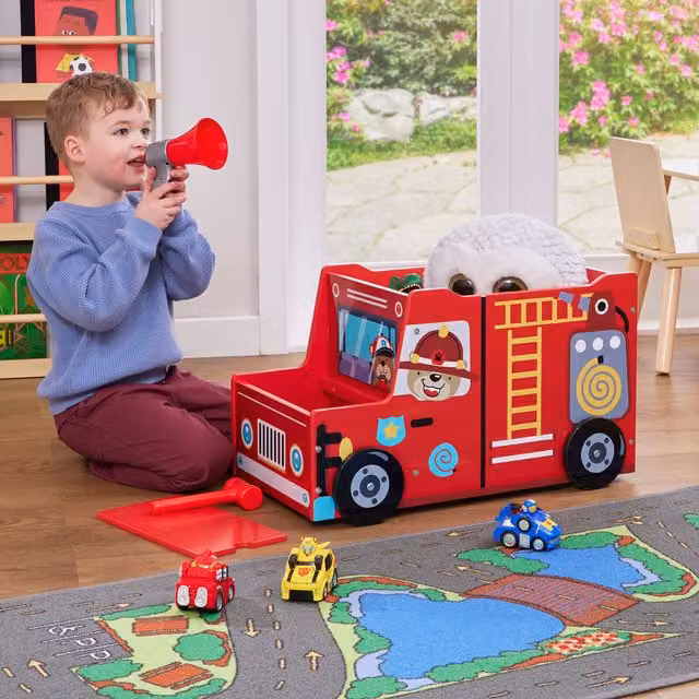 Liberty House Toys Kids Fire Engine Toy Box in Red Glossy Wood with Removable Lid