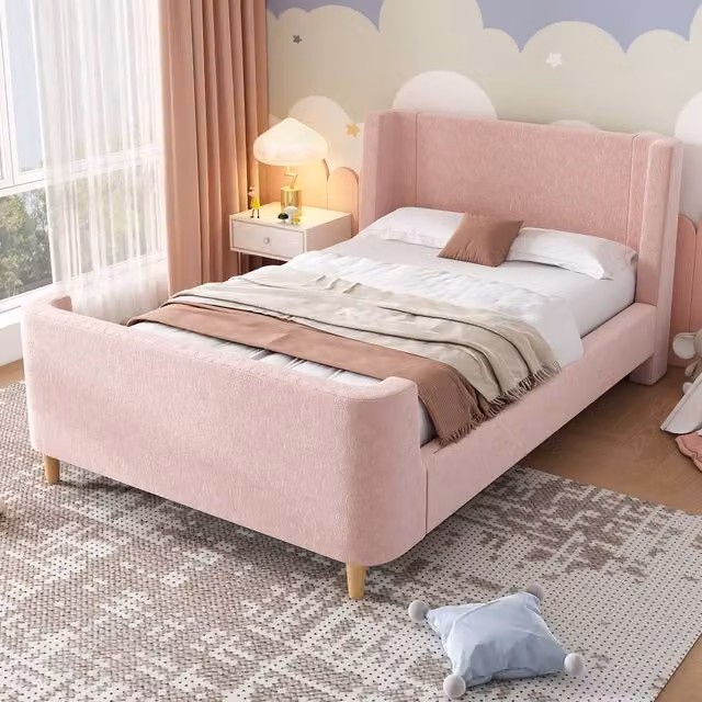 BTM Cosmic Upholstered Sleigh Bed in Pink Velvet, Single W/D/H: 90 x 190 x 76 cm