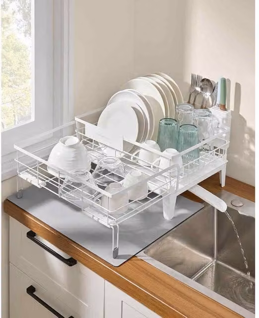 The Bazaarist Expandable Dish Drying Rack with Silicone Mat and Cutlery Holder, White