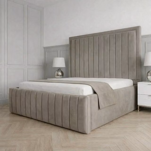 Living Comfort Bedz Sovereign Plush Velvet Upholstered Bed with Slatted Base and 48 Inch Headboard in Light Grey, Super King