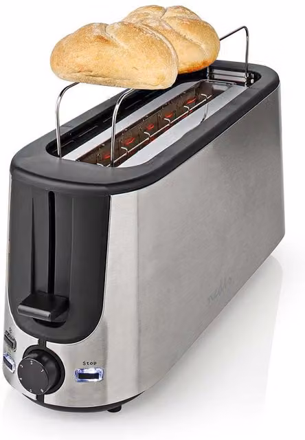 Nedis 1 Slot Stainless Steel Toaster with Bun Rack and 6 Warming Levels in Silver