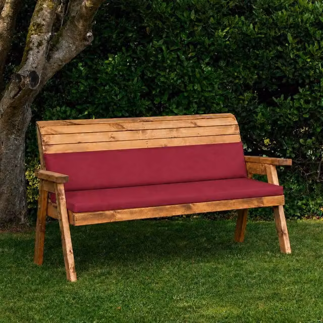 Samuel Alexander Hand Made 3 Seater Rustic Treated Hardwood Garden Bench with Waterproof Burgundy Cushions