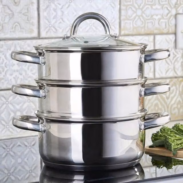 Cooks Professional 3 Tier Stainless Steel Steamer Pan with Glass Lid, Silver, Diameter: 16 cm