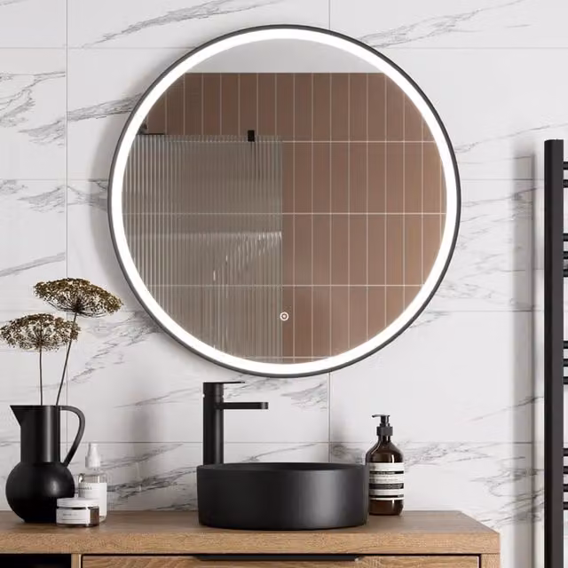 Bathwell Round LED Mirror with Demister and Touch Switch in Matt Black, Diameter: 80 cm
