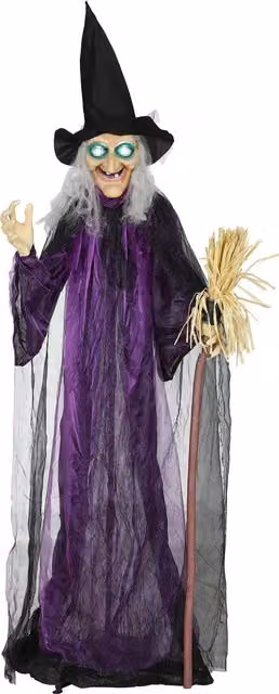 Outsunny Life Size Halloween Animated Standing Witch and Broomstick with Glowing LED Eyes, Height: 183 cm