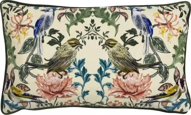 Heritage Birds Piped Rectangular Feather Cushion in Green and Multicolour