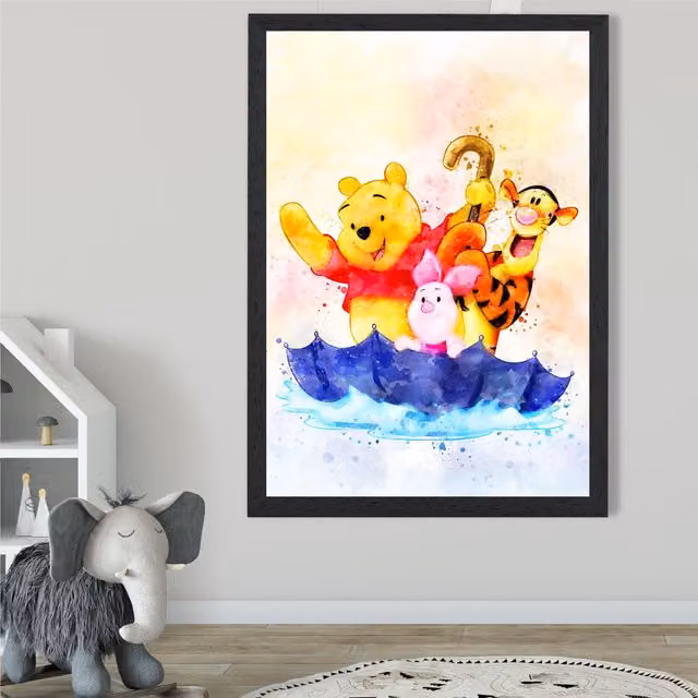ARTZE Winnie the Pooh and Friends Multicolour Watercolour Art Print with Black Frame, A4