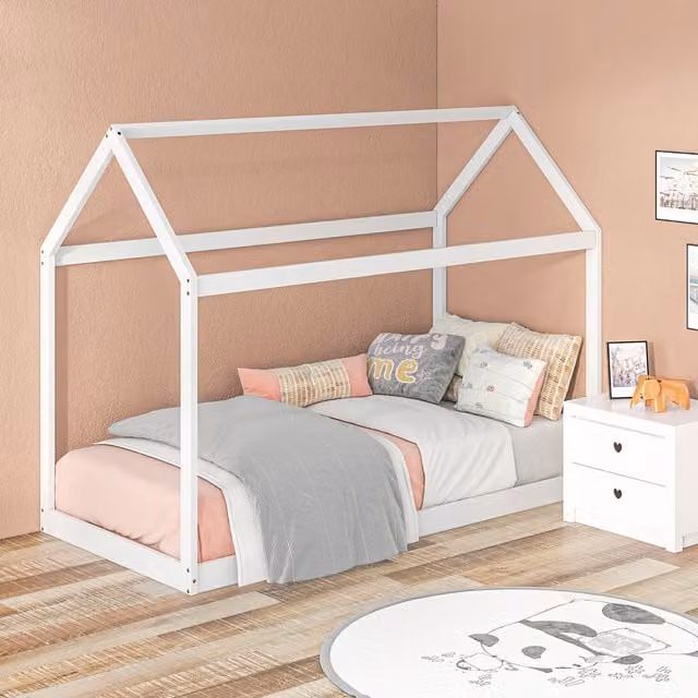 HOMCOM House Style Solid Wood Single Bed Frame for Children, White, W/D/H: 90 x 190 cm