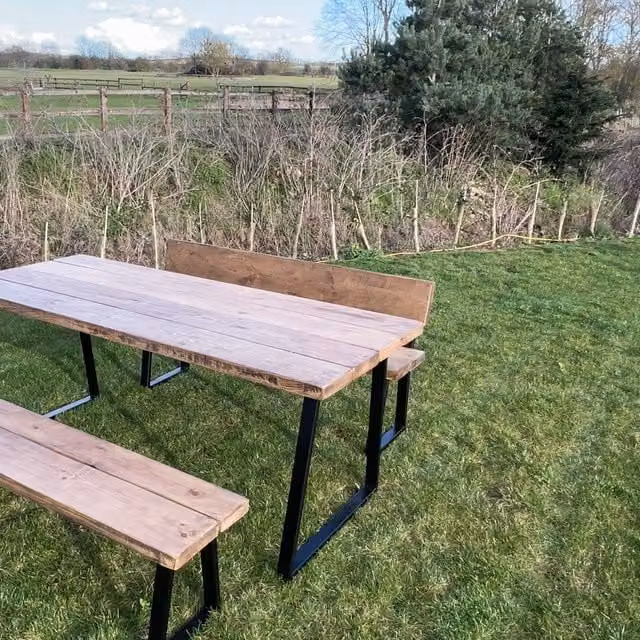 TRL Handmade Furniture Brown Industrial Outdoor Slatted Rectangular Garden Table with Powder Coated Steel Frame W: 200 cm, D: 80 cm