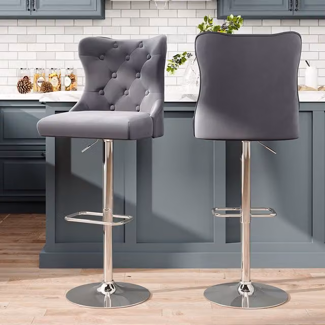 Livingandhome Set of 2 Grey Velvet Upholstered Adjustable Bar Stools with Metal Frame