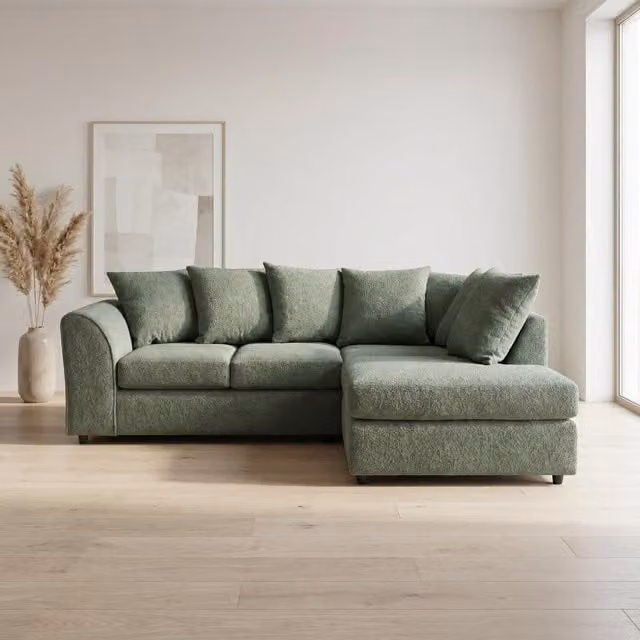 Abakus Direct Harriet Green Boucle Fabric Right Facing Corner Sofa with Chaise and Scatter Cushions