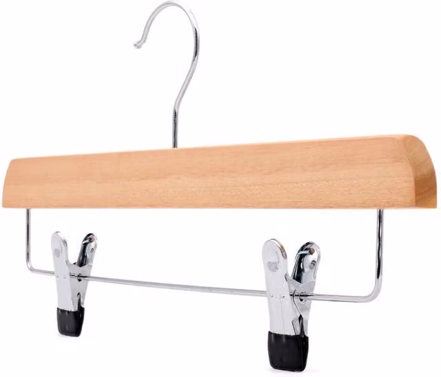 PAWNORA Wooden Skirt and Trouser Hanger with Clips and Bar in Brown and Sand, W: 60 cm