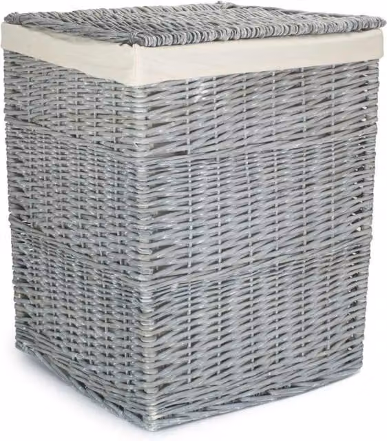 Red Hamper Grey Wash Square Wicker Laundry Basket with White Cotton Lining and Handles, Small, W/D/H: 33.0 x 50.0 x 33.0 cm