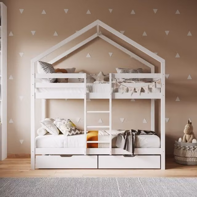 Flair Nest House Bunk Bed for Children in White and Grey Solid Wood