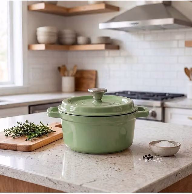Living and Home Enamelled Cast Iron Dutch Oven Casserole Pot with Lid, Green, 5 L