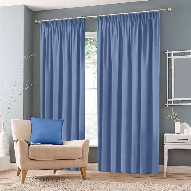 Roseley Plain Blue Blackout Pencil Pleat Fabric Curtains