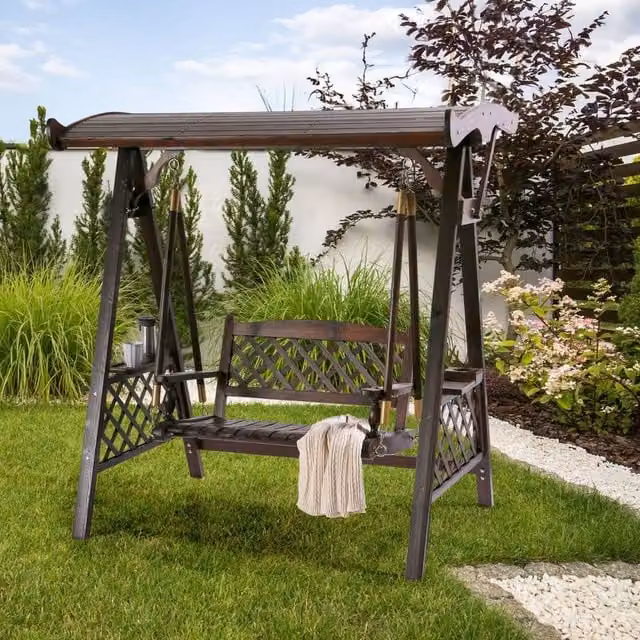Wyld and Coco 2-Seater Spruce Wood Garden Swing Canopy with Sun Canopy and Side Tray in Rustic Brown