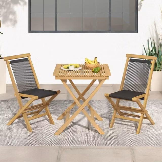 Costway Set of 2 Brown Teak Wood Garden Chairs with Armrests and UV-Resistant Textilene Fabric