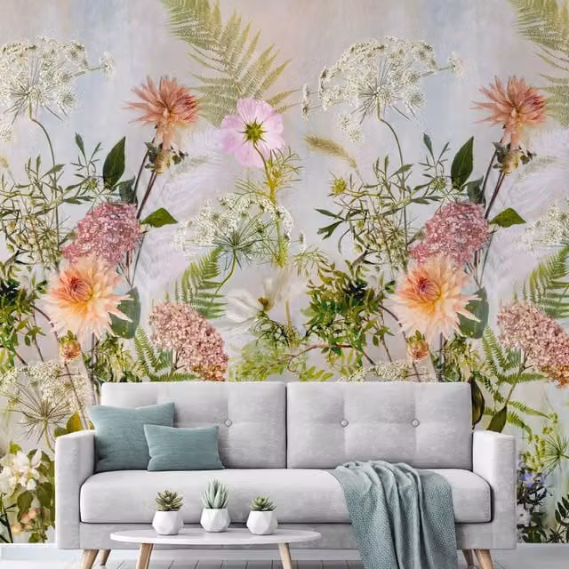Grandeco Meadow Floral Textured Vinyl Mural in Green, Blue and Multicolour, W: 280 cm, H: 159 cm