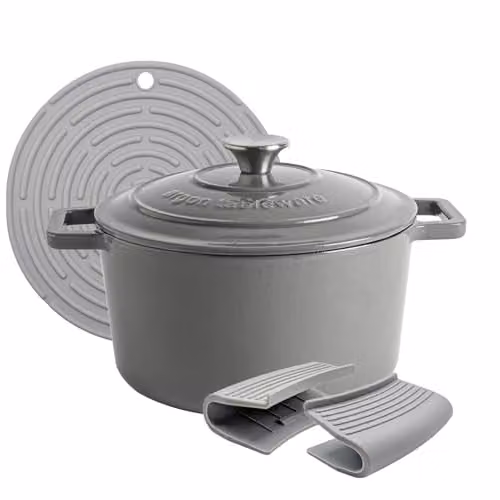 Argon Tableware Enamelled Cast Iron Round Casserole Dish with Self-Basting Lid, 4.5 l, Slate Grey
