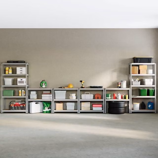 Home Discount Home Vida Set of 4 Heavy Duty 5 Tier Garage Shelves and Work Benches in Metallic Silver