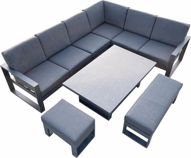 Bracken Outdoors Portland L-Shape Aluminium Corner Garden Furniture Set in Anthracite Grey with Ottoman, Coffee Table and Weather-Resistant Cushions