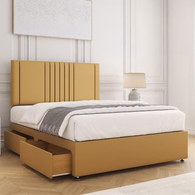 BSSPOKE Monaco Velvet Divan Bed Set with 24 inch Headboard, 2 Drawers and Mattress in Mustard, Super King, W/D/H: 200 x 200 cm