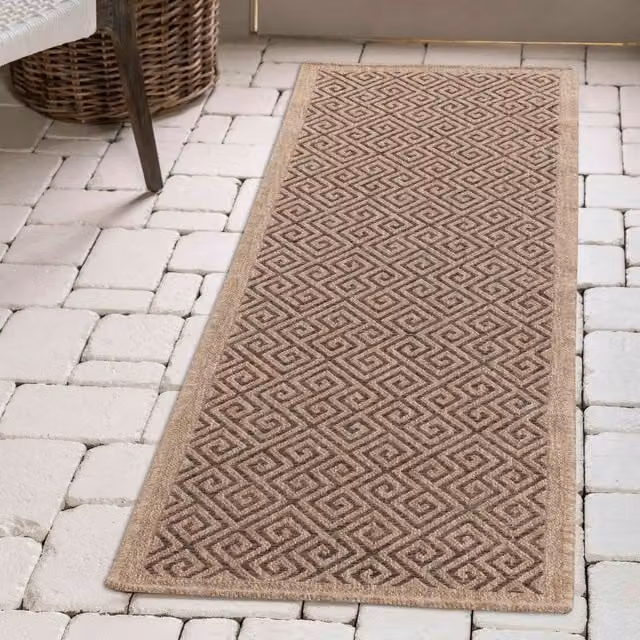 Desire Rugs Modern Harper Greek Key Design Waterproof Indoor-Outdoor Jute Rug, W: 60 cm, L: 220 cm, Brown and Beige