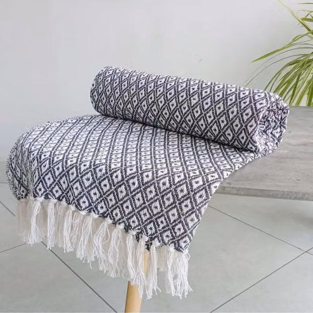 Rapport Home Eden Geometric Recycled Cotton Throw in Charcoal Grey, W: 393 cm, H: 254 cm