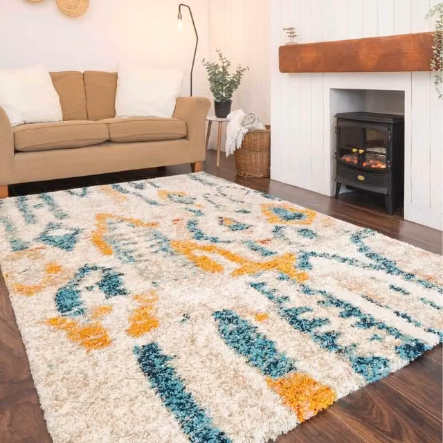 The Rug House Moroccan Shaggy Living Area Rug, Multicolour and Beige, W: 230 cm, D: 160 cm