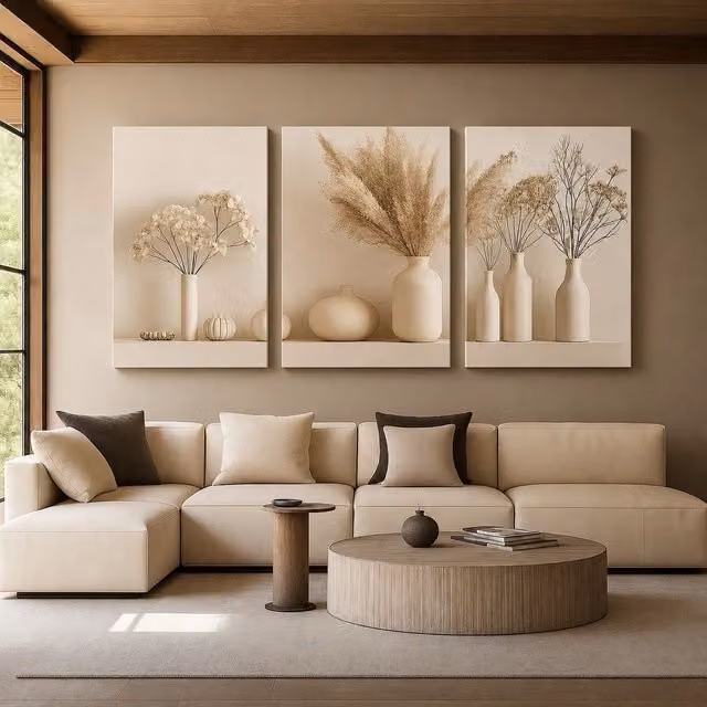 Mafett 3 Set Modern Beige Vase Collection Canvas Wall Art Print, W: 61 cm, H: 81 cm