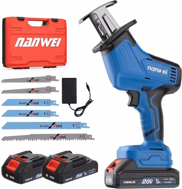NANWEI 20V Cordless Reciprocating Saw with 2 Rechargeable Batteries and Charger, Blue/Multicolour