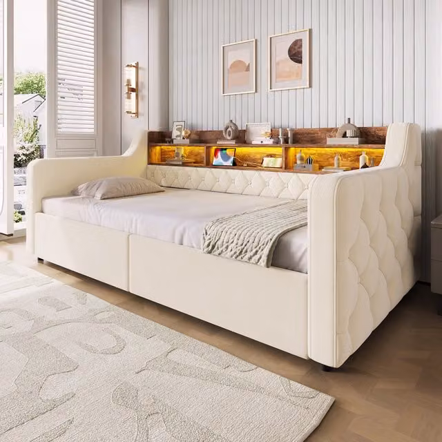 Aosom UK Beige Velvet Single Upholstered Platform Bed Frame with 2 Drawers and USB/Type-C Ports, W/D/H: 107 x 200 x 80 cm