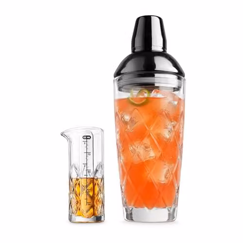 Final Touch Yarai Glass Cocktail Shaker and Jigger Set in Transparent and Black with 700ml Capacity