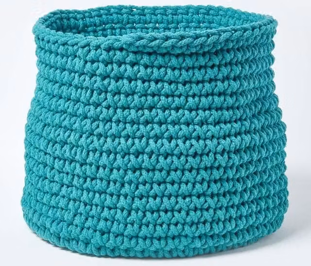 Homescapes Cotton Knitted Round Storage Basket in Green, W: 42 cm, D: 37 cm, H: 37 cm