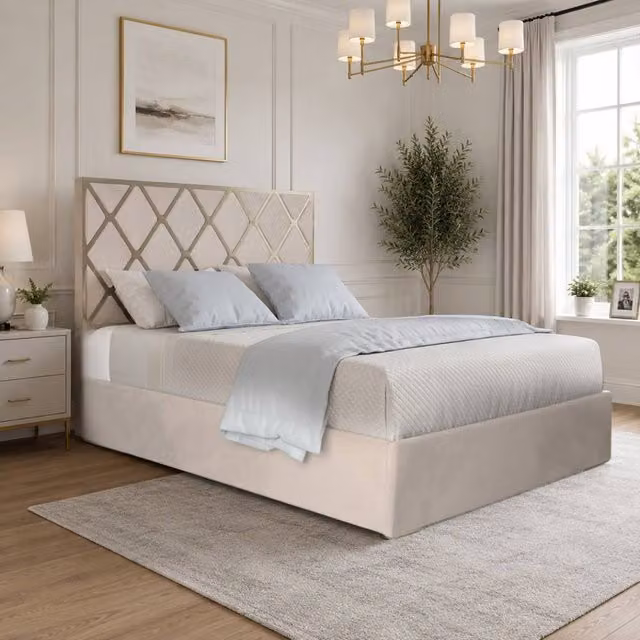 KDMD Wilburton Upholstered Velvet Designer Bed Frame in Beige with Metal Details, W/D/H: 90 x 190 x 127 cm