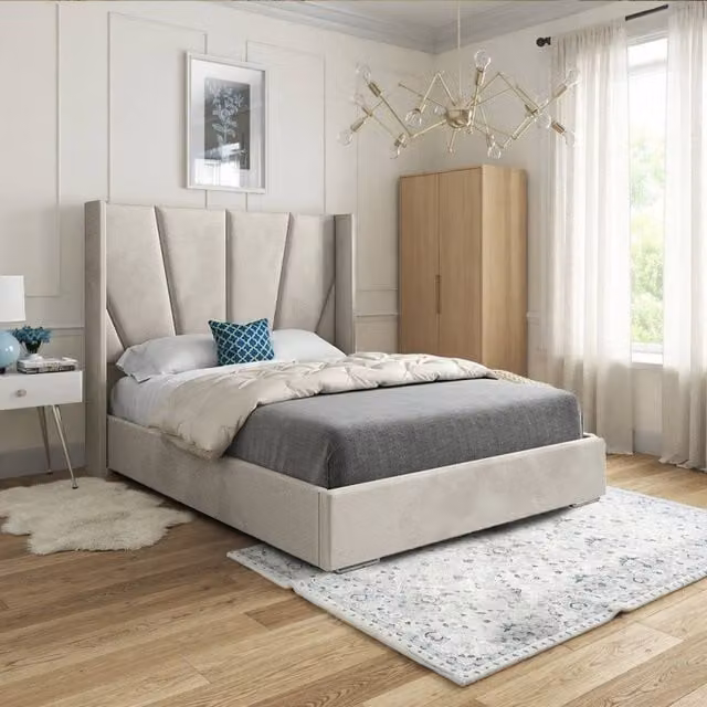 Casani Falmouth Single Upholstered Velvet Winged Bed Frame in Beige