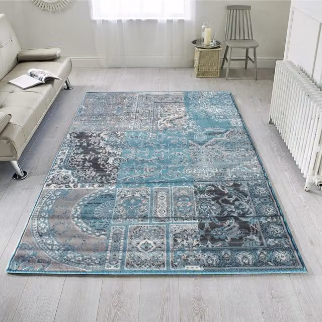 The Rug House Traditional Patchwork Vintage Living Room Rug in Blue, W: 230 cm, D: 160 cm
