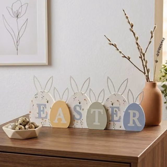 Garden Greatness Springtime Bunny Ears Easter Mantel Plaque, White and Multicolour Wood Tabletop Decoration